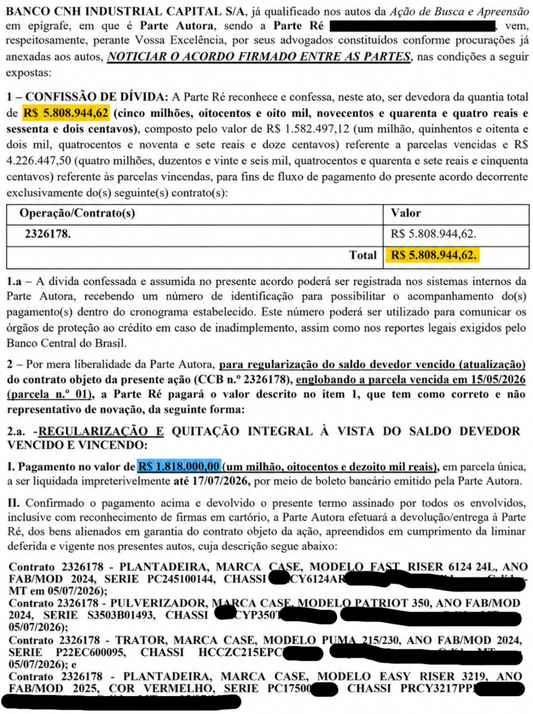 Termo de acordo judicial: confissão de dívida de R$ 5.808.944,62 e quitação por R$ 1.818.000,00